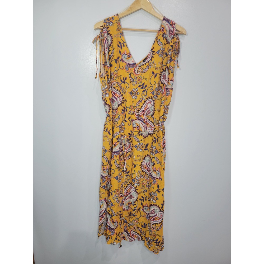 & harmony Womens 2X Mustard Yellow Paisley Boho Midi Dress Tie Shoulder NWT
